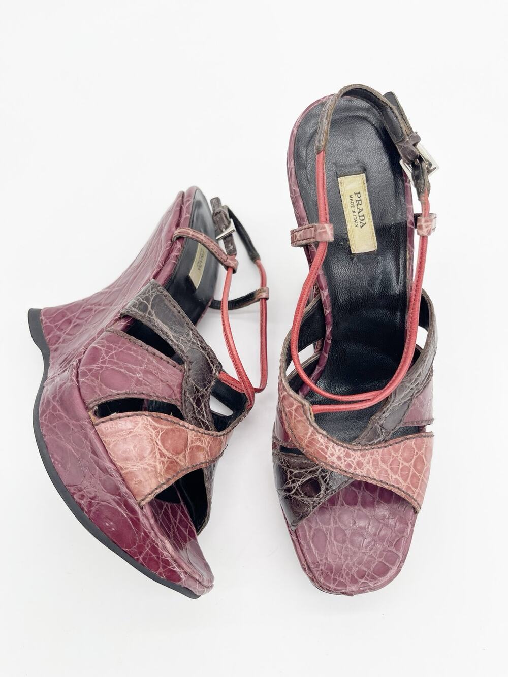 Prada Vintage Fall 2004 Purple Exotic Alligator Sculptural Wedge Sandals IT 37